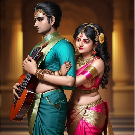 turn photo hd - a painting of a couple dressed in indian attire, holding a guitar and posing for a picture together,, by Raja Ravi Varma