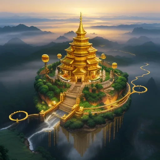a golden pagoda on a small island in the middle of a mountain range with a waterfall running through it, by Cyril Rolando