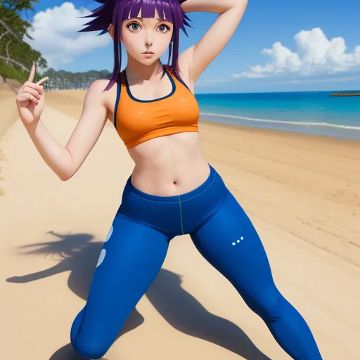 how to increase photo resolution - a woman in a bikini top and blue pants on a beach with a blue sky and ocean in the background, by Terada Katsuya