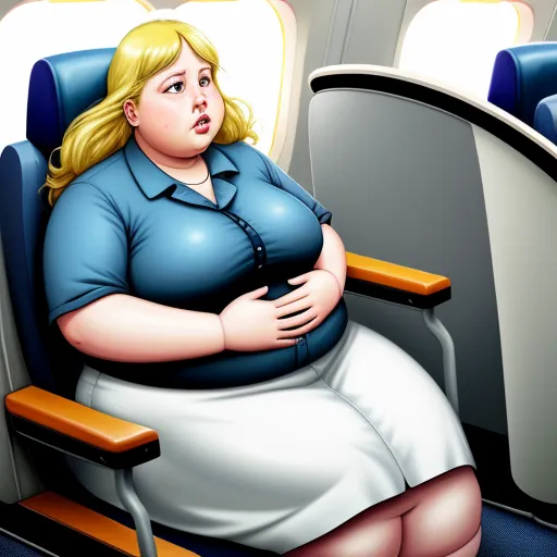 a woman sitting on a seat in an airplane with her stomach exposed and her hand on her hip, with a monitor in the background, by Fernando Botero
