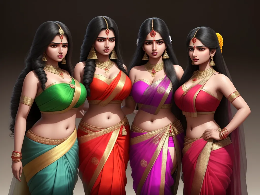 three beautiful women in sari outfits posing for a picture together, with one woman in the middle of the photo, by Raja Ravi Varma