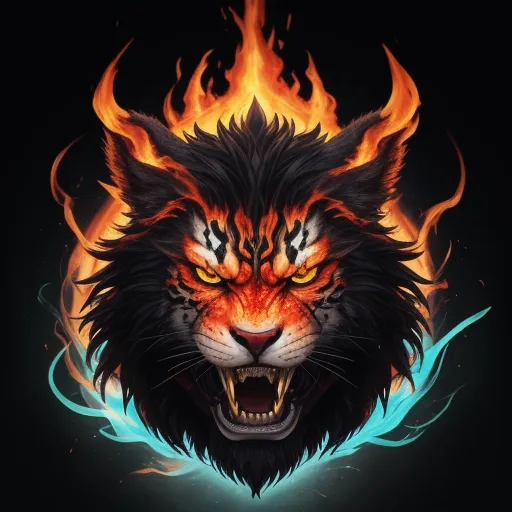 a lion with a blazing face and flames on its head, with a black background and blue flames around it, by Cyril Rolando