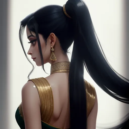 a woman with long black hair wearing a gold dress and earrings, with a ponytail in her hair, looking down, by Lois van Baarle