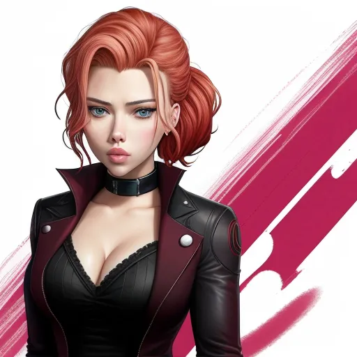 how to increase image resolution - a woman with red hair and a black top is wearing a leather jacket and a choker with a collar, by Daniela Uhlig