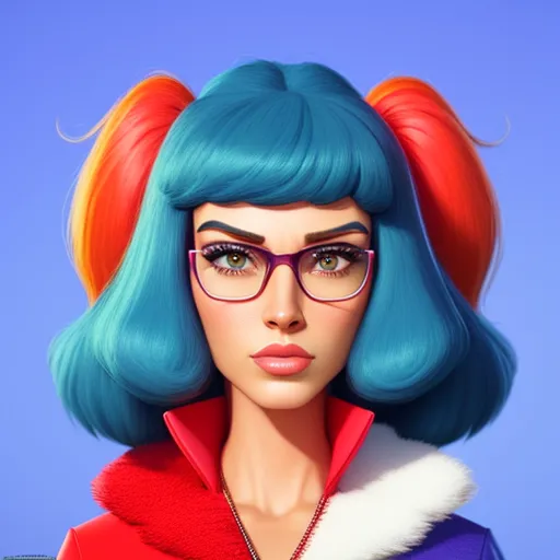 a woman with blue hair and glasses wearing a red jacket and a blue wig with orange bangs and a red jacket, by Daniela Uhlig