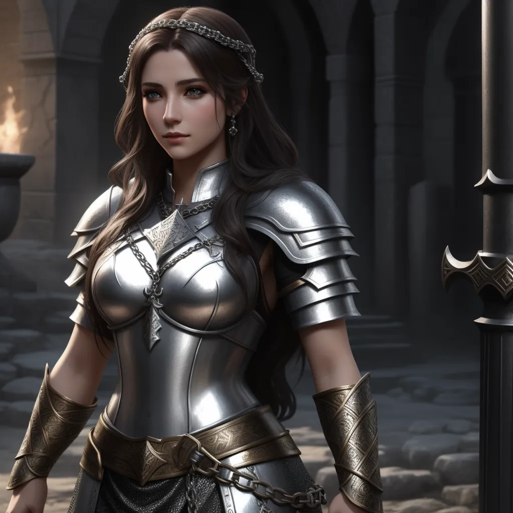 4k quality converter photo - a woman in a silver outfit standing next to a pole and a sword in a stone courtyard with a fire place, by Heinrich Danioth