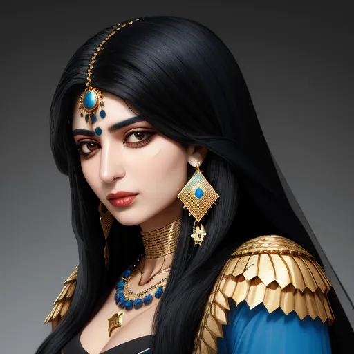 a woman with long black hair wearing a costume and jewelry with a blue dress and gold jewelry on her head, by Tom Bagshaw