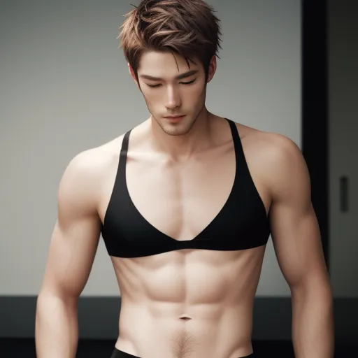 hd images - a man in a black bra top and black underwear looking down at his stomach and chest with his hands in his pockets, by Chen Daofu