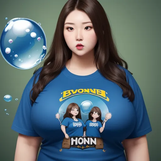 word to image generator ai - a woman wearing a blue shirt with a picture of two women on it and bubbles of water behind her, by Blanche Hoschedé Monet