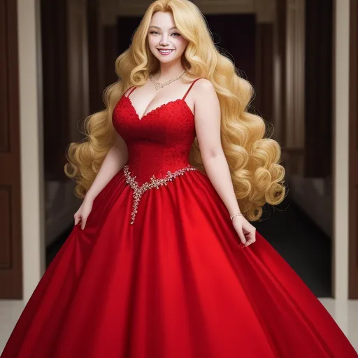 image from text ai - a woman in a red dress posing for a picture in a hallway with a long blonde hair and a red dress, by Sailor Moon