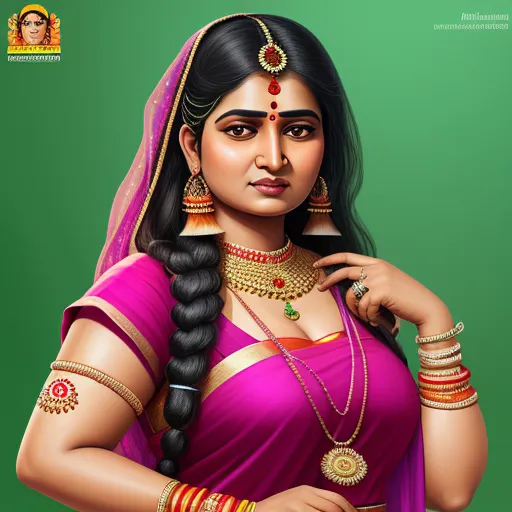 ai text to image - a woman in a pink sari with a braid and jewelry on her neck and shoulder, wearing a necklace and a necklace with a red and gold, by Raja Ravi Varma