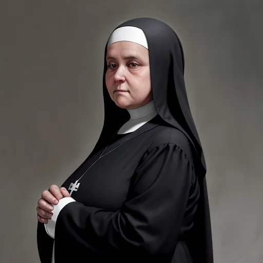 free online ai image generator from text - a nun is posing for a picture in a black outfit and a white headband and a cross on her left arm, by Francisco Oller
