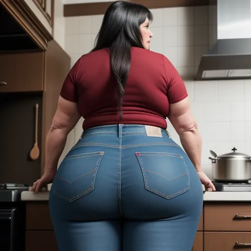 a woman in a red shirt and jeans is standing in a kitchen with her back to the camera and her butt is showing, by Botero