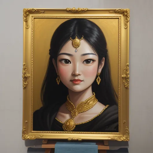 a painting of a woman in a gold frame with a black dress and gold jewelry on her head and a blue scarf, by Liu Ye
