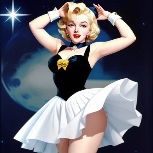 a painting of a woman in a short skirt and sailor outfit with a star in the background and a moon in the sky, by Alberto Vargas