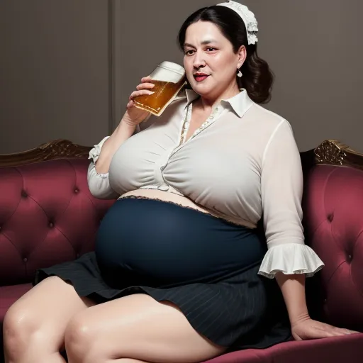 a woman sitting on a couch holding a beer glass in her hand and a pregnant belly in the other hand, by Gregory Crewdson