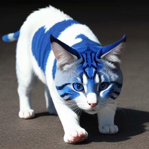 a cat with blue and white markings walking on a surface with a black background and a white tail and head, by Studio Ghibli