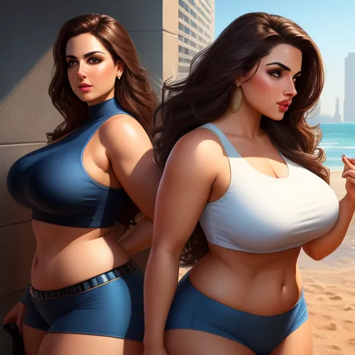 ai that generates images - two women in bikinis standing next to each other on a beach near the ocean and a city skyline, by Hendrick Goudt