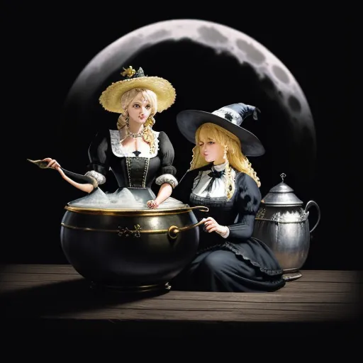 4k resolution converter picture - two women dressed in witches costumes sitting in a cauldster with a full moon behind them and a full moon behind them, by Leiji Matsumoto