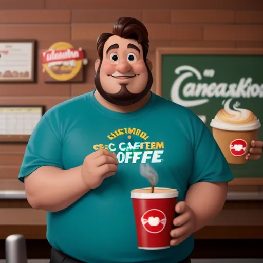 a man in a blue shirt holding a cup of coffee and a cup of coffee in his hand and a sign behind him, by Hanna-Barbera