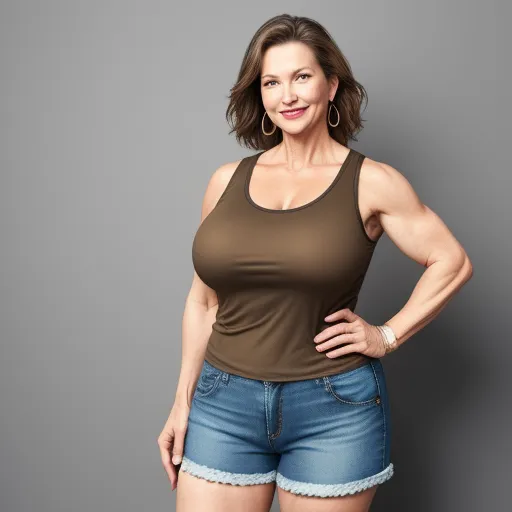 a woman posing for a picture in a tank top and denim shorts with her hands on her hips and her hands on her hips, by Edith Lawrence