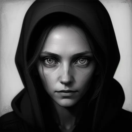 a woman with a hoodie on her head and eyes looking at the camera with a serious look on her face, by Daniela Uhlig