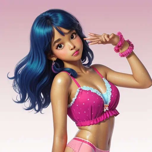 a cartoon girl with blue hair and a pink bra top and pink panties and a pink bracelet and bracelet, by Terada Katsuya