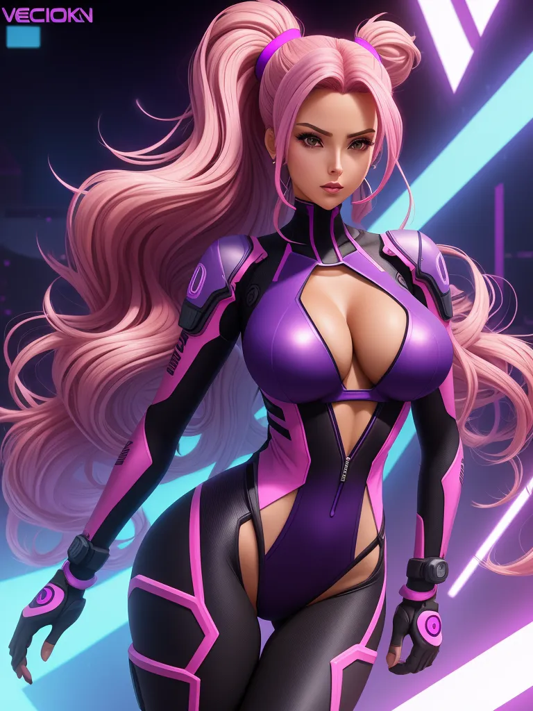 free online ai image generator from text - a very pretty girl in a futuristic outfit with pink hair and a futuristic outfit on her chest and chest, by Terada Katsuya