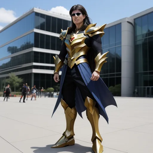 a woman dressed in a costume standing in front of a building with a large glass building behind her and a man in a suit, by Sailor Moon