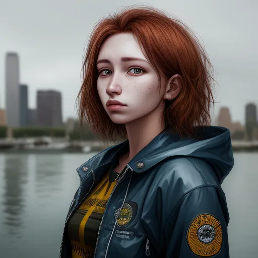 a woman with red hair and a blue jacket is standing in front of a body of water with a city in the background, by Lois van Baarle