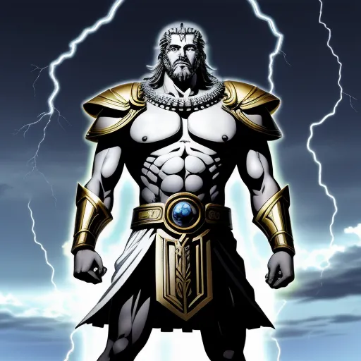 ai image from text - a man in a warrior costume standing in front of a lightning bolt with his hands on his hips and a sword in his other hand, by theCHAMBA