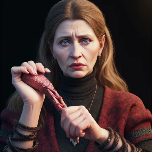 a woman holding a piece of meat in her hand and looking at the camera with a concerned look on her face, by Daniel Seghers