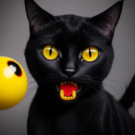 a black cat with yellow eyes and a yellow ball in front of it's face, with a black cat's mouth and yellow eyes, by Hanna-Barbera