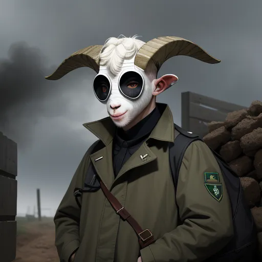 text to image ai generator - a man with a goat mask and a green jacket on and a black backpack on his shoulder and a green jacket on his shoulder, by Anton Semenov