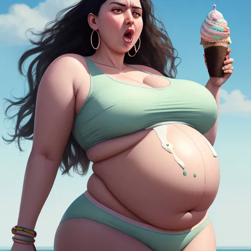 a woman in a bikini holding a ice cream cone and a chocolate cupcake in her hand, with a sky background, by Fernando Botero