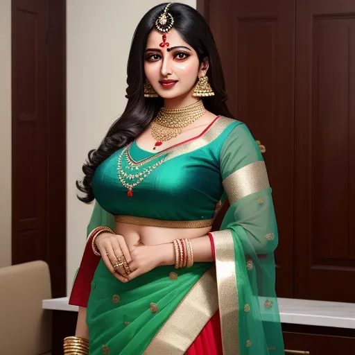 image ai generator from text - a woman in a green and red sari with a gold necklace and earrings on her neck and a gold necklace on her neck, by Raja Ravi Varma
