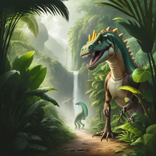 free online ai image generator from text - a dinosaur in the jungle with a waterfall in the background and a man in the foreground with a dinosaur in the foreground, by Mary Anning