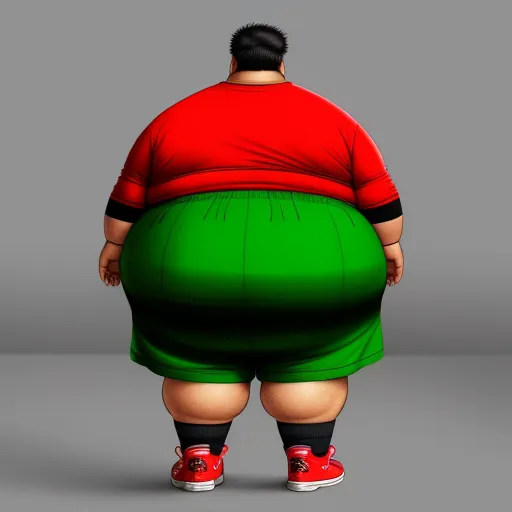 a fat man in a red shirt and green shorts is standing with his back turned to the camera and his right leg is slightly bent, by Botero