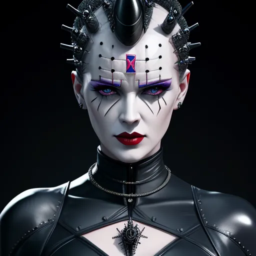 a woman with a weird hair and makeup on her face and a spiked headpiece with spikes on her head, by Terada Katsuya