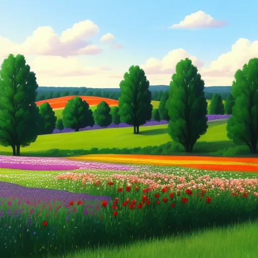 hd quality photo - a painting of a field with trees and flowers in the foreground and a blue sky with clouds in the background, by NHK Animation