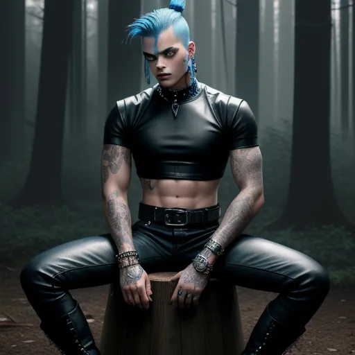 how do i improve the quality of a photo - a man with blue hair and piercings sitting on a stump in the woods with his hands on his hips, by Terada Katsuya