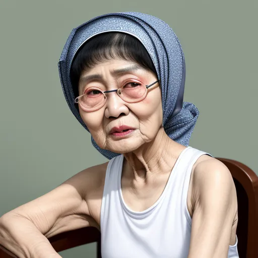 an old woman wearing glasses and a blue head scarf sitting in a chair with her hands on her hips, by Hsiao-Ron Cheng