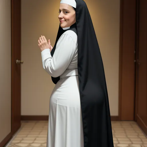 high resolution images - a woman in a nun outfit standing in a hallway with her hands folded up in prayer and smiling at the camera, by Hugo van der Goes