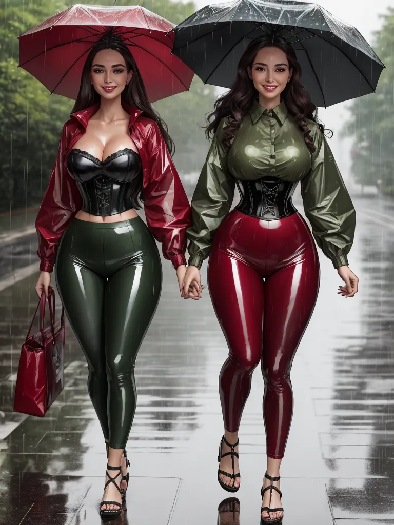 photo coverter - two women in shiny outfits walking down a street with umbrellas over their heads and one holding a purse, by Hendrik van Steenwijk I