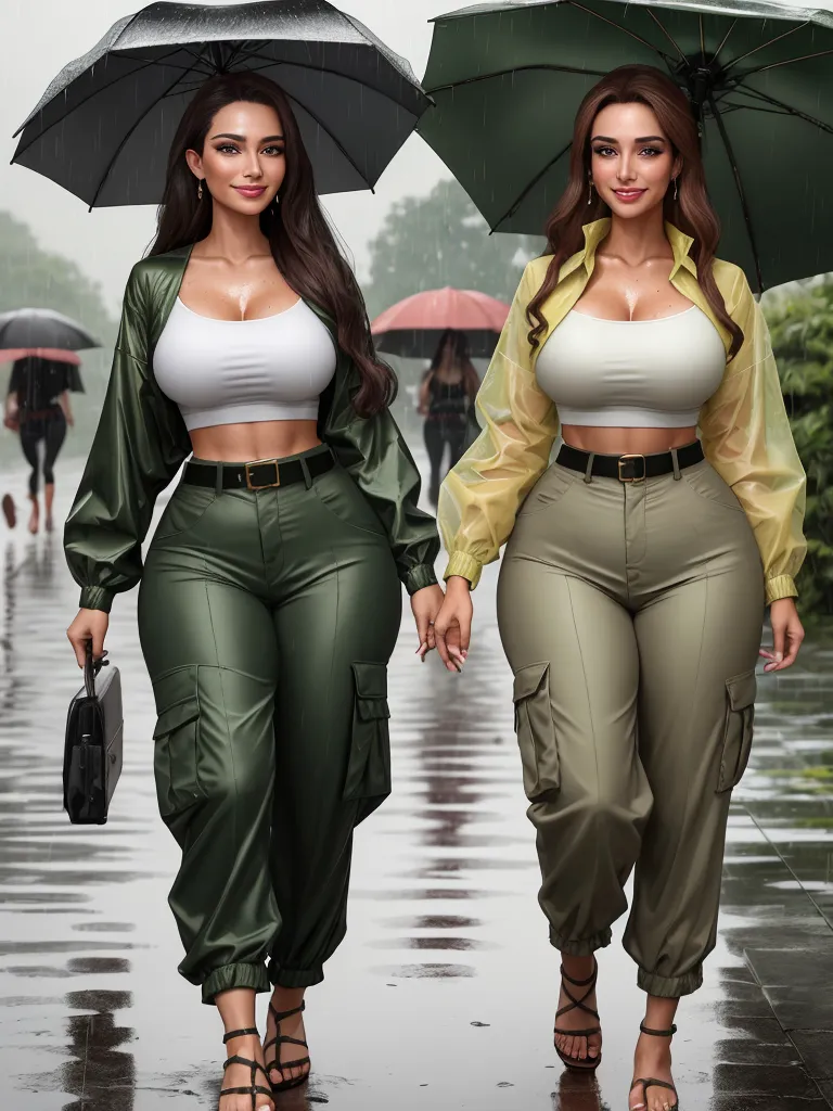 image ai generator from text - two women walking in the rain with umbrellas over their heads and one holding a purse and the other holding a purse, by Hirohiko Araki