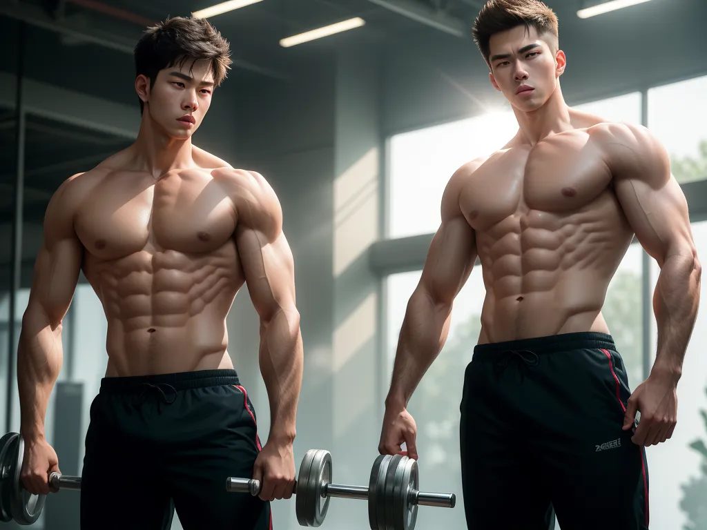 two men with no shirts are holding dumbs in a gym room with windows and a large window behind them, by Chen Daofu