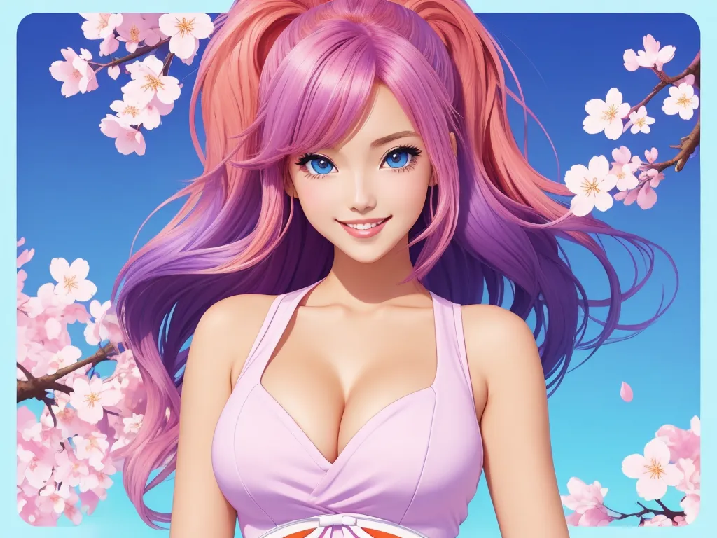 ai image generator text - a girl with pink hair and a pink dress standing in front of a tree with pink flowers and a blue sky, by Hanabusa Itchō