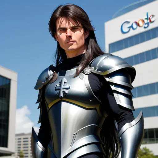 ai image from text - a woman in a suit of armor standing in front of a building with a google logo on it's side, by Sailor Moon