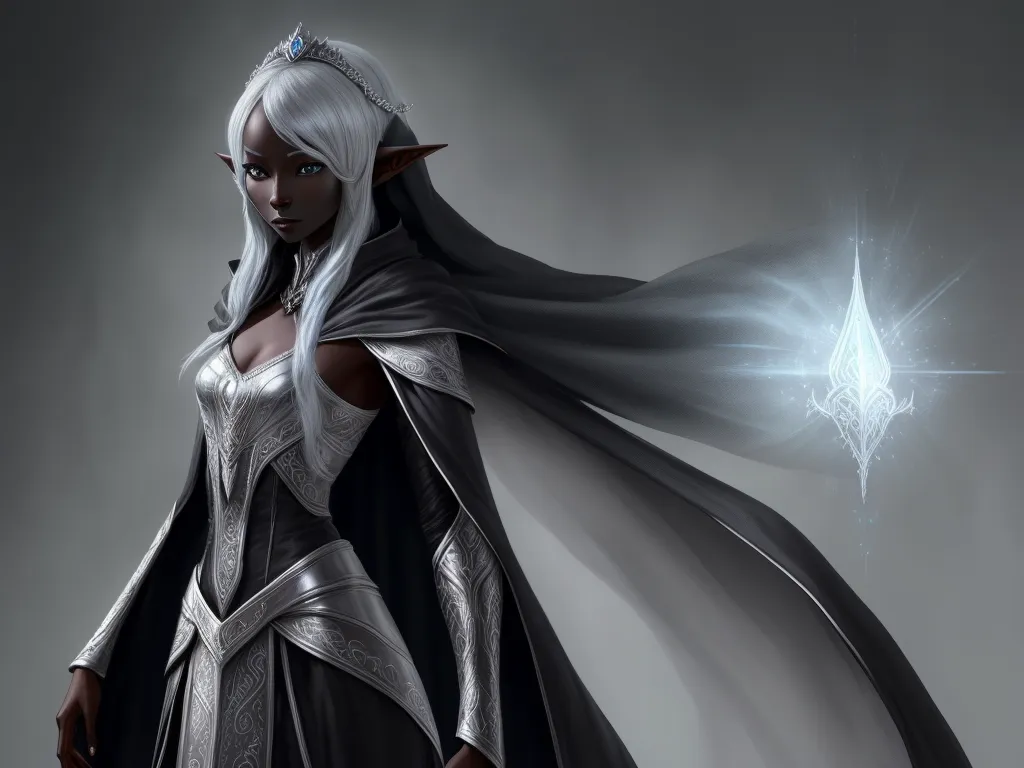 1080p photo: 1 solo female drow elf scholar, black skin,