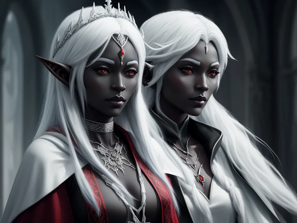 free hd online - two white haired women with red eyes and white hair, one wearing a tiara and the other wearing a red dress, by Lois van Baarle